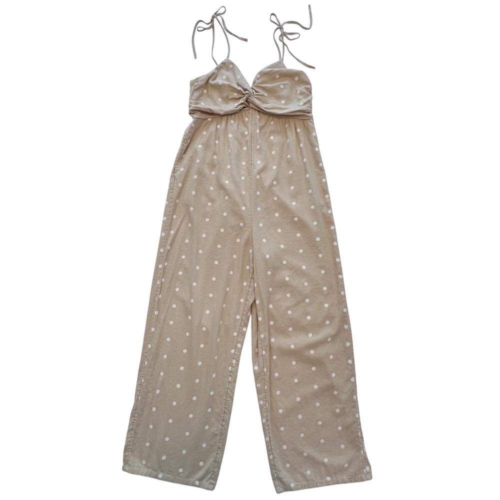 Old Navy Tan White Polka Dot Linen Blend Wide Leg Smocked Back Jumpsuit Size M